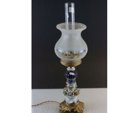 Gilt metal & ceramic Oil Lamp with glass shade & funnel, converted to electric