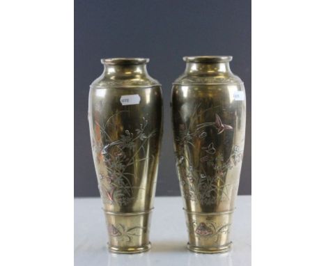 Pair of Japanese Shibayama inlaid Silver & Copper Bronze vases both signed to base