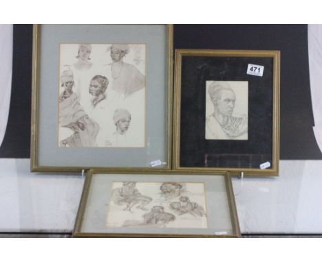 Set of African tribal portrait, one in pencil