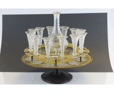 Lazy Susan style 19th Century Toleware revolving Decanter stand and 12 glasses