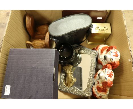 Mixed Lot of Collectables including Pair Staffordshire Mantle Dogs, Wooden Bookend, Clock, Binoculars, Capo Di Monte Style Fi
