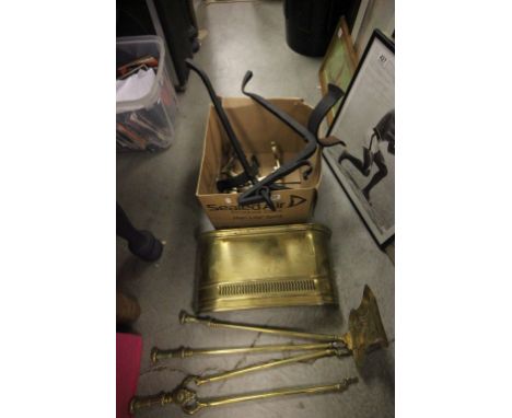 Box of Fire Tools, Fire Dogs etc