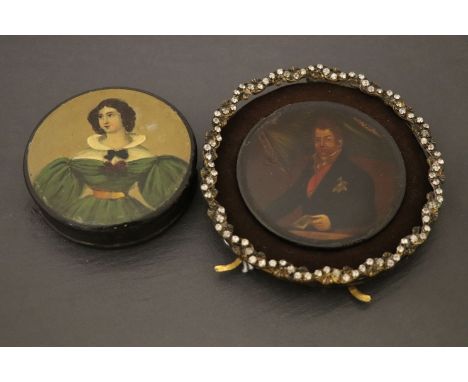 French papier mache snuff box cover painted half length portrait of William IV circa 1830 together with one other of a lady i