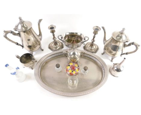 Various silver plated ware, tray, part tea service, to include teapot, 12cm high, etc. (a quantity) 