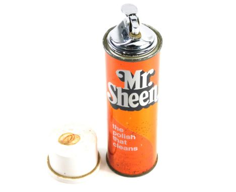 A novelty Mr Sheen The Polish That Cleans table lighter, formed as a spray can, 21cm high.