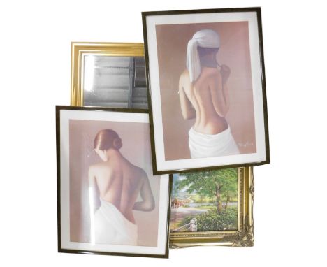 S.K. Mitchell (20thC).  Figure before stream and bridge, oil on canvas, signed,50cm x 80cm, a rectangular mirror, pair of sem