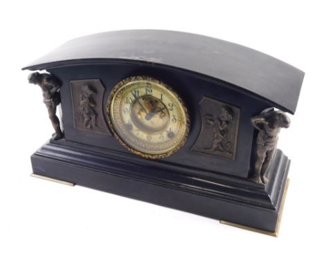 A 19thC black slate mantel clock, raised with panels and figured supports of classical gentleman, with 10cm diameter Arabic n