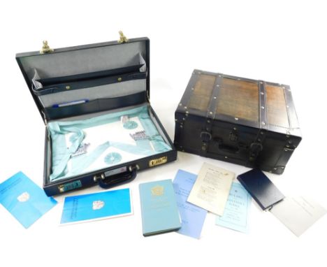 Various Masonic regalia, in a case, and a wooden part leather bound trunk with studding and leather straps. (2)