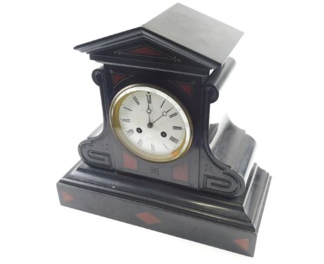 A 19thC slate and red marble mantel clock, in architectural case with 13cm diameter Roman numeral dial, eight day movement, 4
