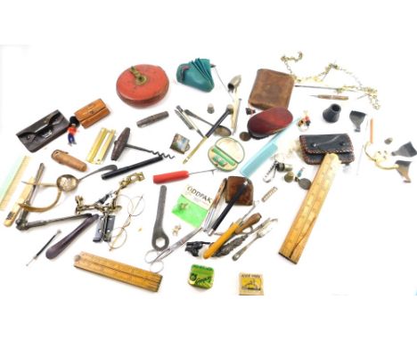 Bygones and collections, Rabone measuring rule, Eddy Brooklyn tape measure, 12cm diameter, hand corkscrew, part pig vesta cas
