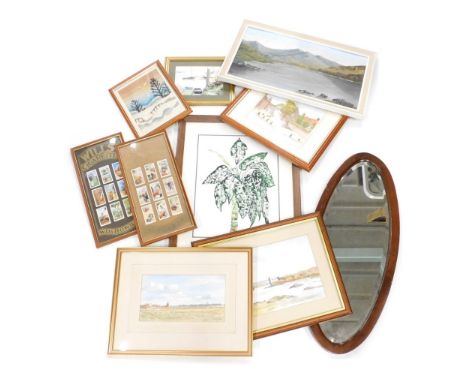 An oval mirror with bevelled glass, 72cm x 32cm, various pictures, JB village centre, watercolour, initialled and dated 1972,
