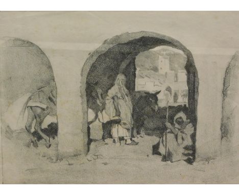After Frederick Halpern. Arab cloisters scene, print, 21cm x 29cm.