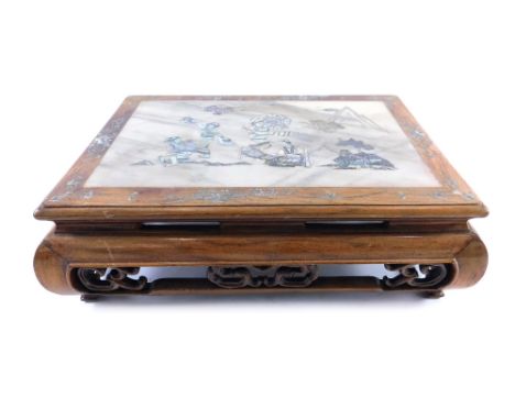 A Japanese rosewood plant stand, of rectangular form, set with a mother of pearl and marble finish centre section, with an ou