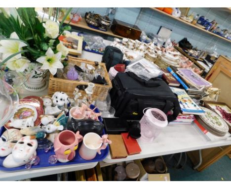Various china effects, tile top tray, telephone, 20cm high, ephemera, books, placemats, cameras, Pink Panther figures, etc. (