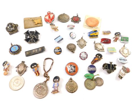 Various pin badges, Robertsons bandsman, to include 20thC, to include bagpipe player, 3cm high, Liverpool FC and other enamel