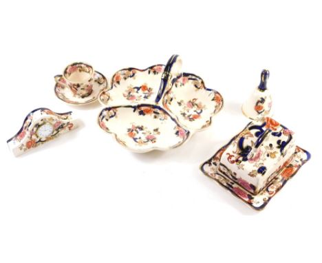 Various Mason's Ironstone Mandalay pattern china, butter dish on stand, mantel clock 19cm high, etc., printed marks beneath. 
