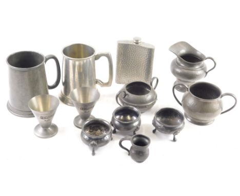 Various pewter, 19thC and other, tapering mug, 13cm high, salts, jug, hip flask, etc. (a quantity)