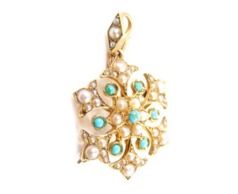 A 15ct pearl and turquoise pendant brooch, with plain pin back and hook top, in a floral arrangement, 3cm high, 3g all in. 