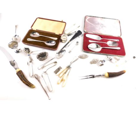 Various silver plated ware, cased cutlery sets, horn handle carving set, preserve spoon, 21cm long, napkin rings, Mappin and 