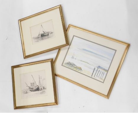 After EWC. Hogboat, print, 14cm x 20cm, another similar, Thorseman (fl. 1989) seascape, watercolour. (3) 