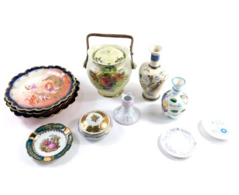 Various items, lidded biscuit barrel 21cm high, decorative plates with gilt powdered border, Limoges squat candlestick, etc. 