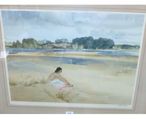 Sir William  Russell Flint:  semi-clad woman seated by a river, artist signed print, Fine Art blind stamp, 19" x 24", framed 