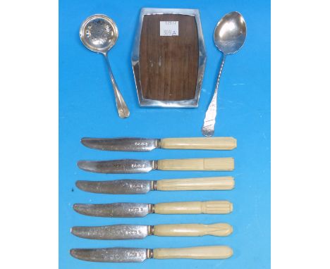 6 matched butter knives, silver blades, bone handles, Sheffield 1946, 2 spoons and a silver picture frame