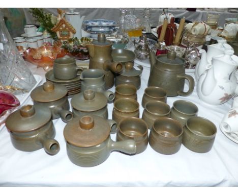 A Denby stoneware Sherwood pattern part tea/dinner service; various glasses