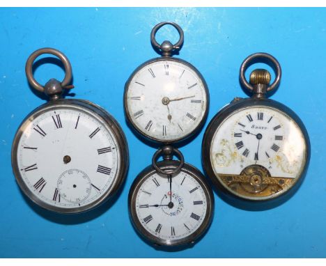 A continental keyless open faced pocket watch with enamel dial and exposed escapement (a.f.); 3 silver key wound open faced p