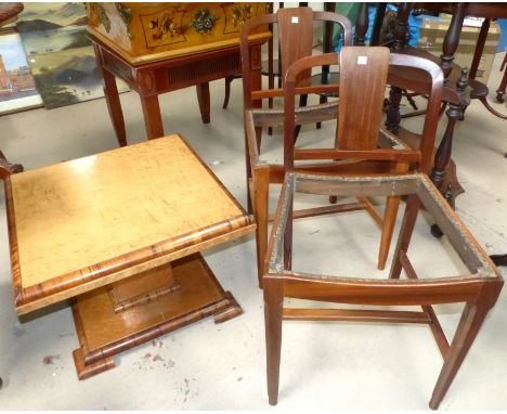 An art Deco crossbanded walnut square top pedestal occasional table; 2 dressing table chairs (no seats)