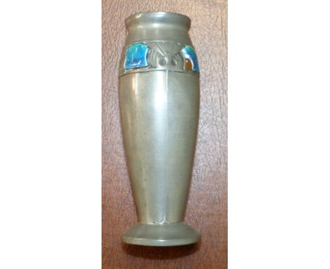 A Liberty's Tudric pewter vase of tapering form with enamelled turquoise panel, height 6½" (1 panel chipped)