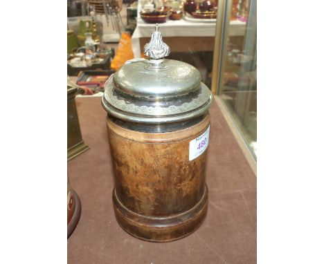 A Tobacco jar, 19th century, turned sycamore with electroplated mounts, with note suggesting it was once owned by Lt Col Anth