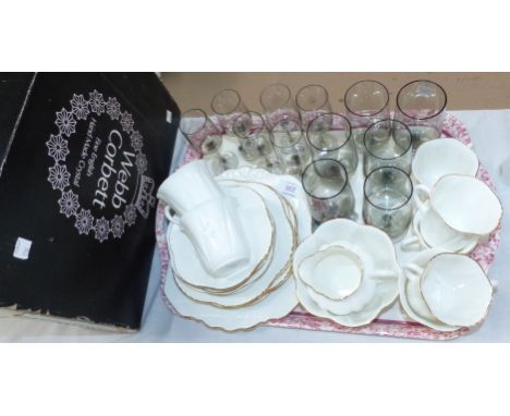 A Webb Crystal set of drinking glasses, boxed; a Shelley white fluted part tea service