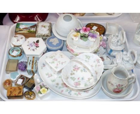 A selection of china and other trinket boxes; etc.