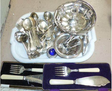 Two pairs of EPNS fish servers, cased; a selection of cutlery; a silver candlestick; etc.