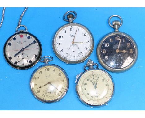 An Elgin keyless open faced military pocket watch (a.f.); a 1930's chrome "Chronometer"; 3 other pocket watches (a.f.)