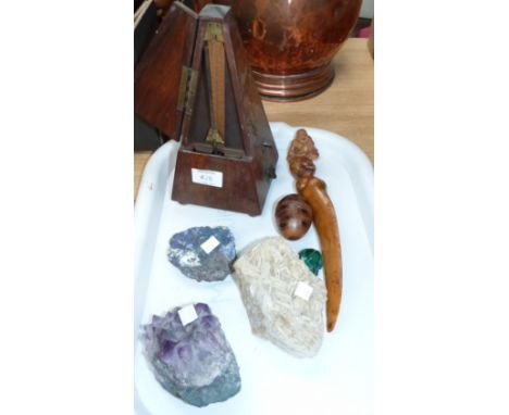 A walnut cased metronome; rock specimens; etc.