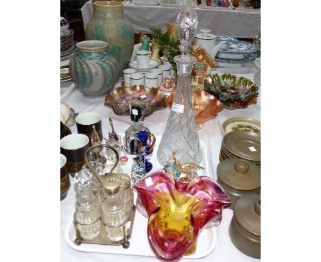 An Art Deco scent bottle and others; a cut decanter; a Murano ashtray; a 4 piece cruet; a Denby "Arabesque" part coffee set