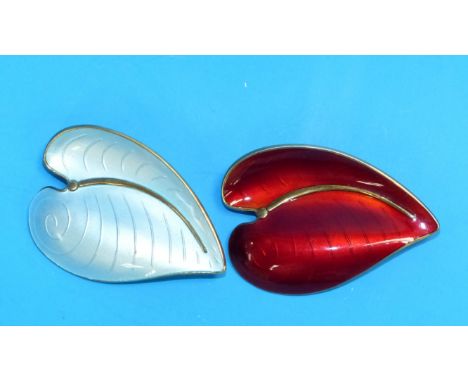 Two Norwegian silver gilt and enamel leaf brooches