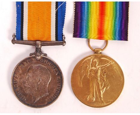 A WWI First World War medal pair awarded to a 104183 Private C. Cronshaw of the Royal Army Medical Corp ( RAMC ). Comprising 