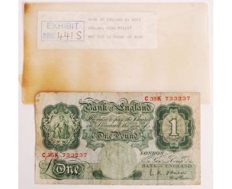 The Great Train Robbery - an original £1 One Pound bank note from the robbery, used in the trial to convict the famous Great 