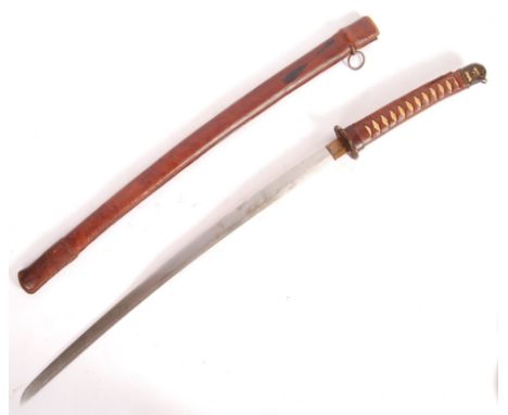 A WWII Second World War Japanese Showa period type Shin Gunto (Shin guntō) officers sword katana having a pierced leather sle