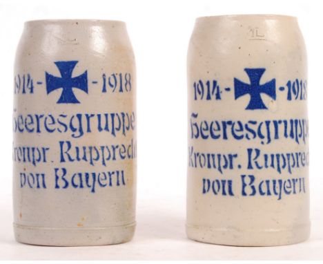A rare pair of WWI First World War Imperial German Army 1914-1918 commemorative tankards. Plain glaze with blue letters and c