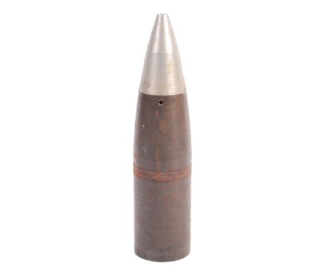 An original WWII or post Second World War large artillery shell. Three-section construction with pointed fuse end stamped PRF