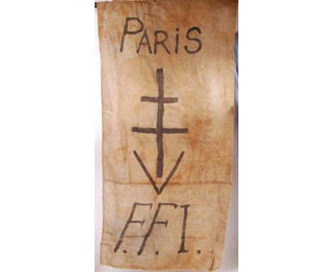 A rare original WWII Second World War French Resistance ' FFI ' linen banner / flag. The hand-made linen flag with original b