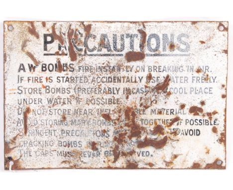 An original WWII Second World War era ' Precautions ' enamel warning sign - warning of what to do with AW Incendiary Bombs sh