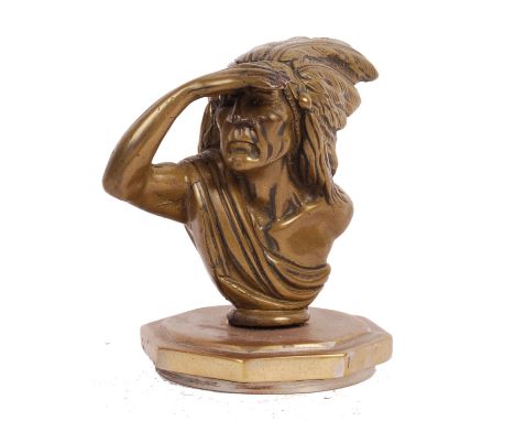An unusual vintage brass car radiator mascot / cap - decorated with a composite figure of a peering Native American Indian to