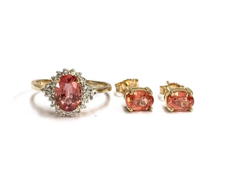 A 9ct gold padparadscha sapphire and natural white zircon cluster ring, size O 1/2, 1.8g; together with a pair of 9ct gold pa