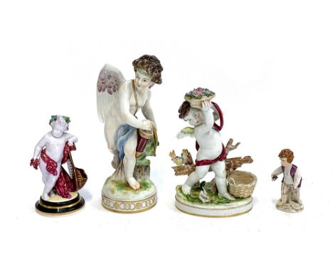 Four continental porcelain figures of putti, the tallest holding an arrow and quiver, 25cm H, one with underglazed capodimont