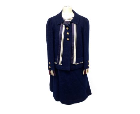 A vintage Wallis three piece blue and white striped sleeveless top, jacket with gilt chain detail and wrap skirt, waist appro